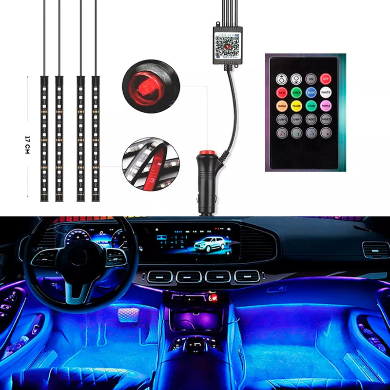 Fita Led Interna Carro Neon Tuning 12v Rgb 4 Barras+controle