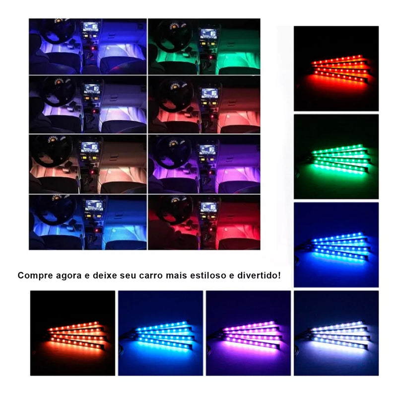 Fita Led Interna Carro Neon Tuning 12v Rgb 4 Barras+controle