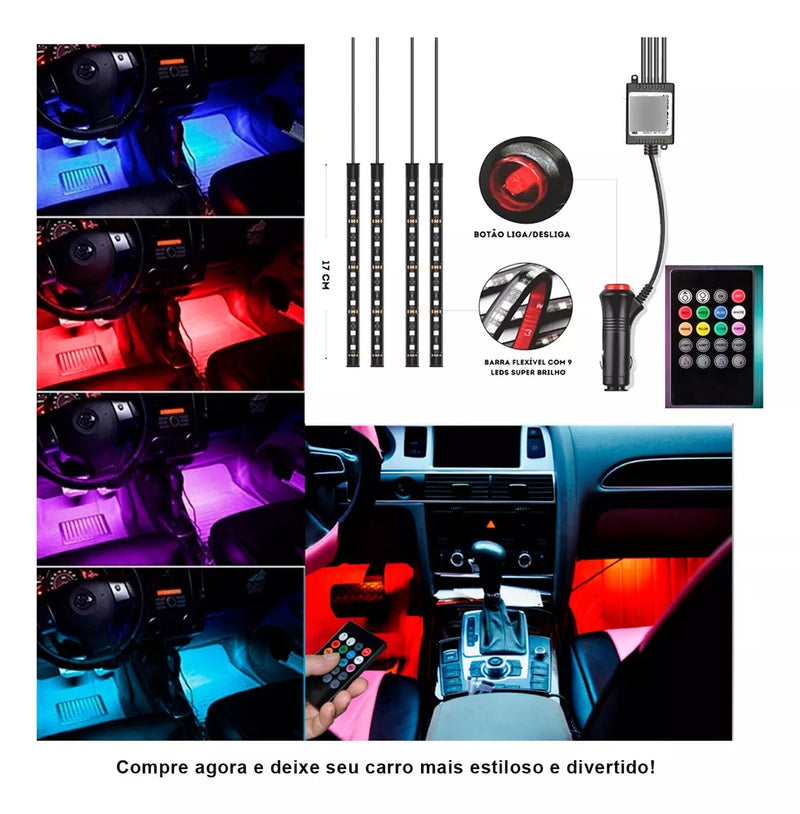 Fita Led Interna Carro Neon Tuning 12v Rgb 4 Barras+controle