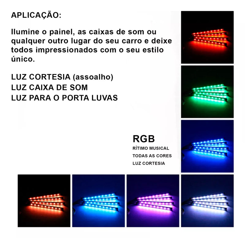 Fita Led Interna Carro Neon Tuning 12v Rgb 4 Barras+controle