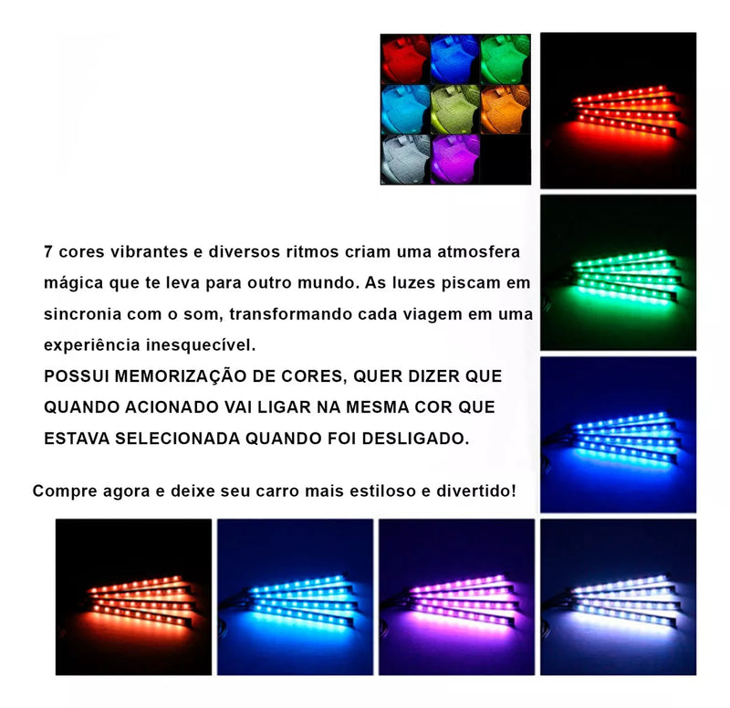 Fita Led Interna Carro Neon Tuning 12v Rgb 4 Barras+controle