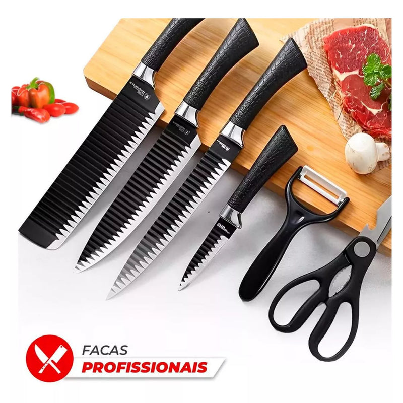 Kit 6 Peças Conjunto de Faca Carne Cutelo Legumes Aço Carbono Descascador Tesoura Profissional