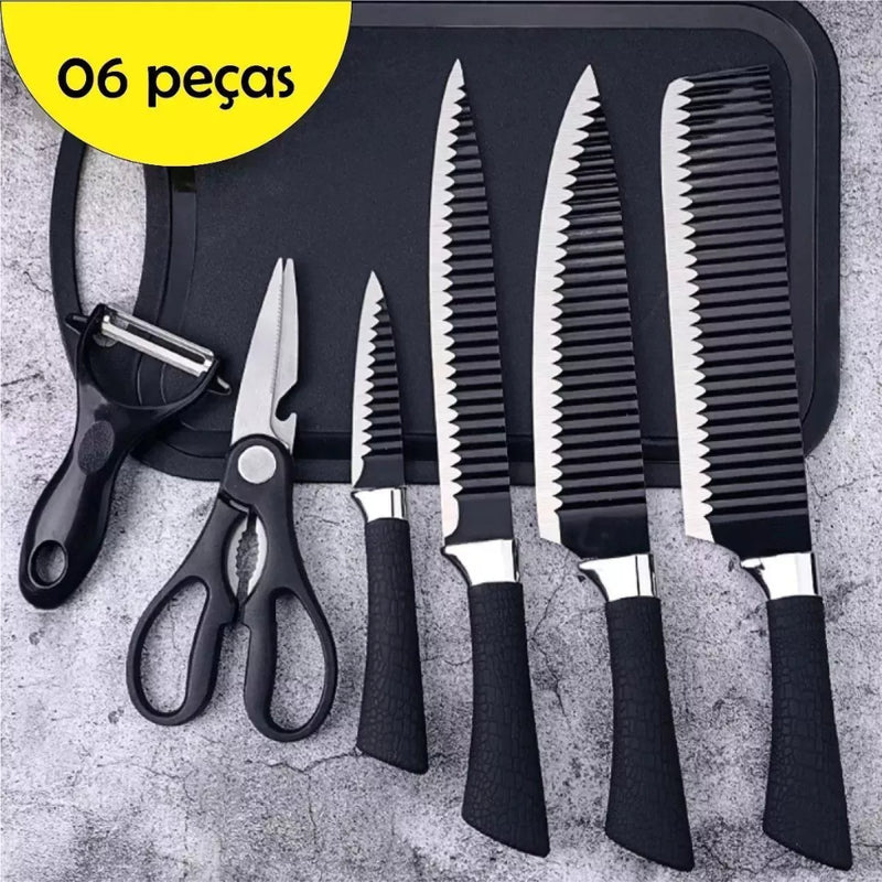 Kit 6 Peças Conjunto de Faca Carne Cutelo Legumes Aço Carbono Descascador Tesoura Profissional